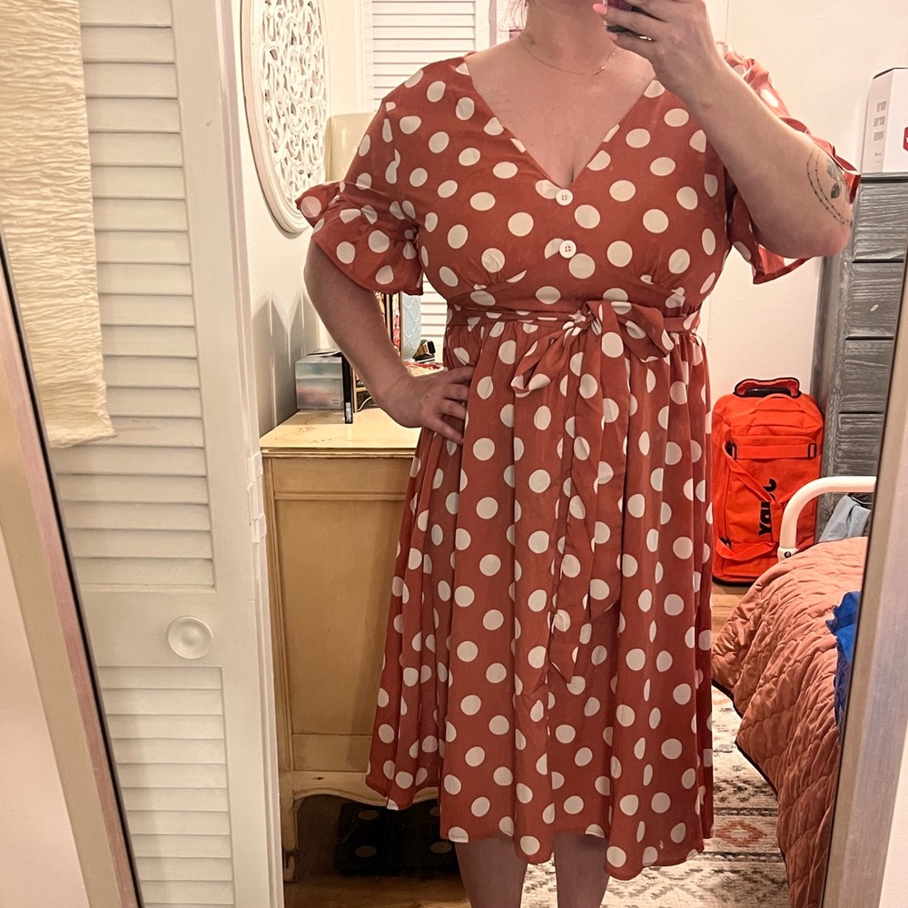 XL Pink Polka Dot Dress with Waist Tie